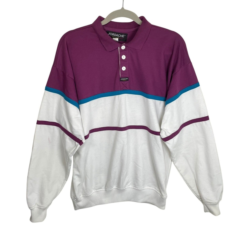 Vintage Jordache Sport Mens Purple White Color Block Polo Sweatshirt 90s Large‎